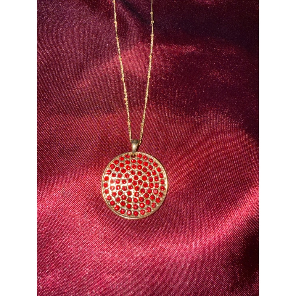 Gold Tone Red Rhinestone Pavé Circle Pendant Necklace Adjustable Bead Chain